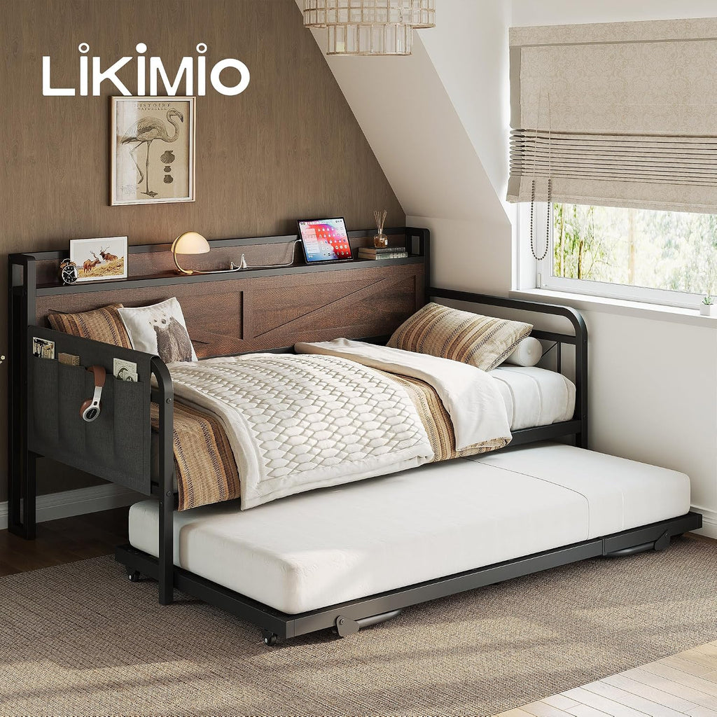 LIKIMIO Twin Daybed, Day Beds with Pop Up Trundle, Storage Headboard with Charging Station, Strong Supports for Apartment and Other Small Space, Dark Brown
