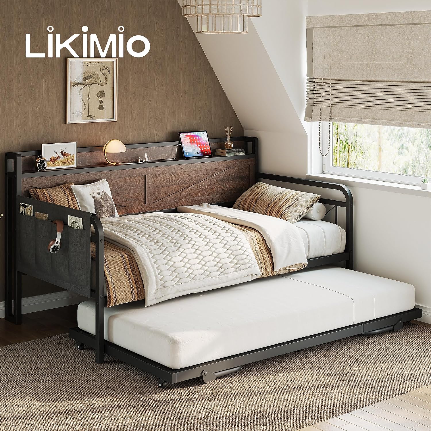 LIKIMIO Twin Daybed, Day Beds with Pop Up Trundle, Storage Headboard with Charging Station, Strong Supports for Apartment and Other Small Space, Dark Brown