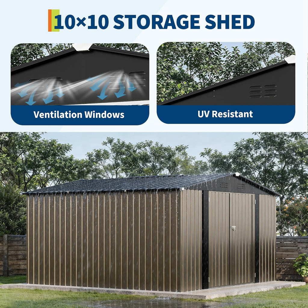 GarveeLife 10 x 10 FT Outdoor Storage Shed,Metal Garden Sheds&Outdoor Storage Clearance, Large Tool Shed Outdoor with Single Lockable Door,Ideal Storage House for Backyard Garden Patio Lawn