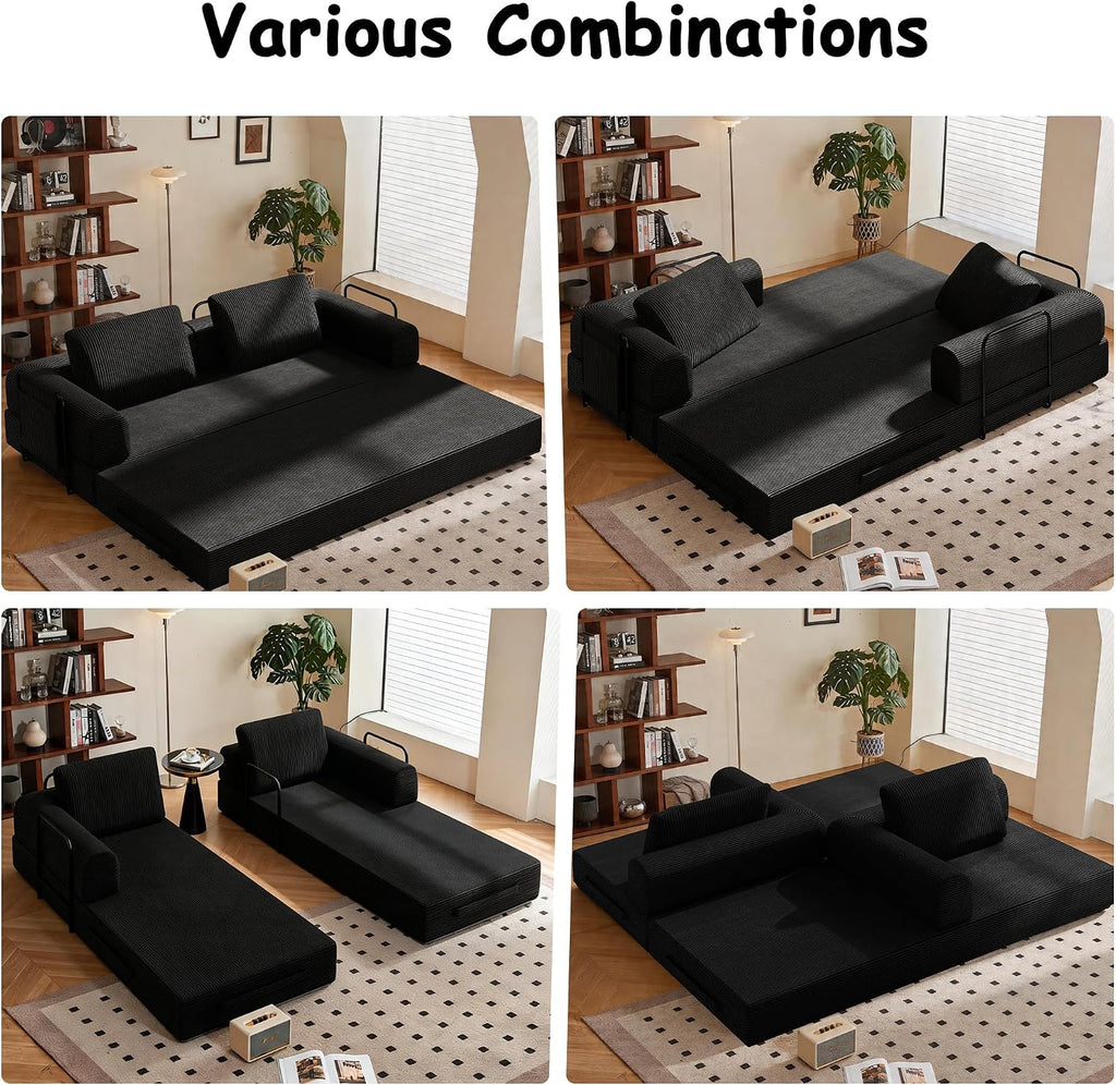 78' Convertible Sofa Bed, 5-in-1 Boneless Sleeper Sofa with with Fixed Frame & Pocket, Corduroy Pull Out Couch with 2 Pillows, Couch Bed for Living Room, Small Spaces, Bedroom, No Assembly