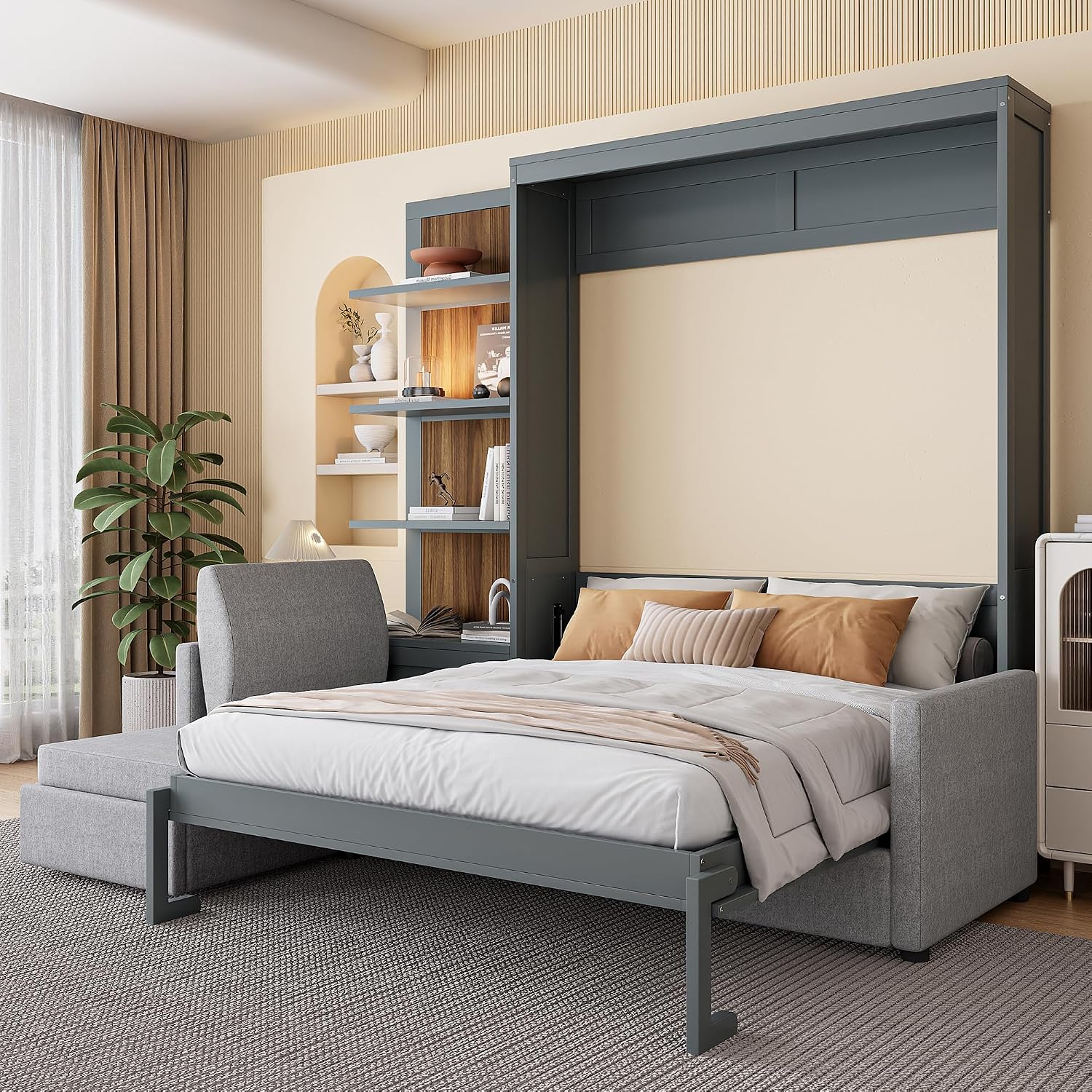 Merax Queen Murphy Bed with Sofa, Wood Folding Wall Bedframe with Soft Couch and Shelves, for Guest Room, Home Office or Small Bedroom, Grey
