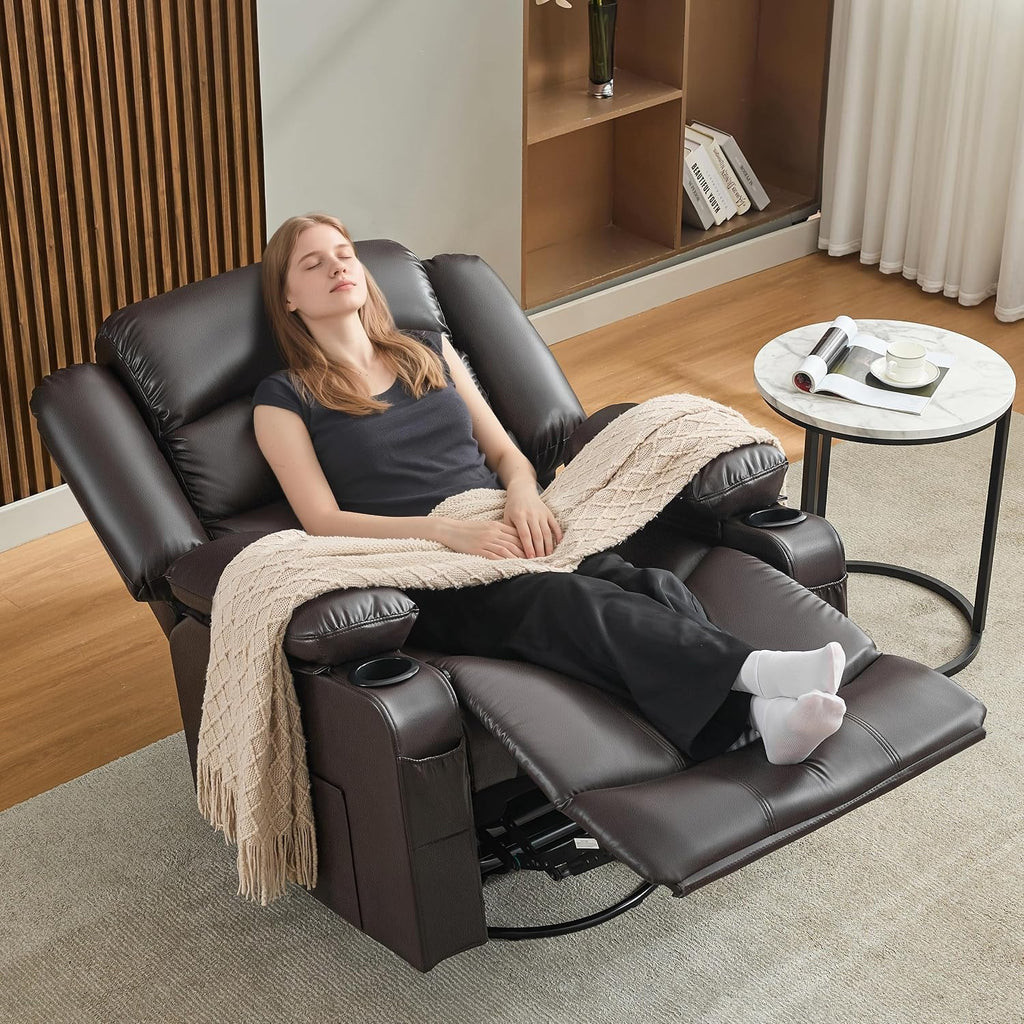 Oversized Nursery Rocking Chairs with Heat and Massage, 360° Swivel Recliner Chair for Adults, Recliner Single Sofa Seat with Cup Holders, Lazy Boy Recliner Single Sofa (Oversized Manual, Darkbrown)
