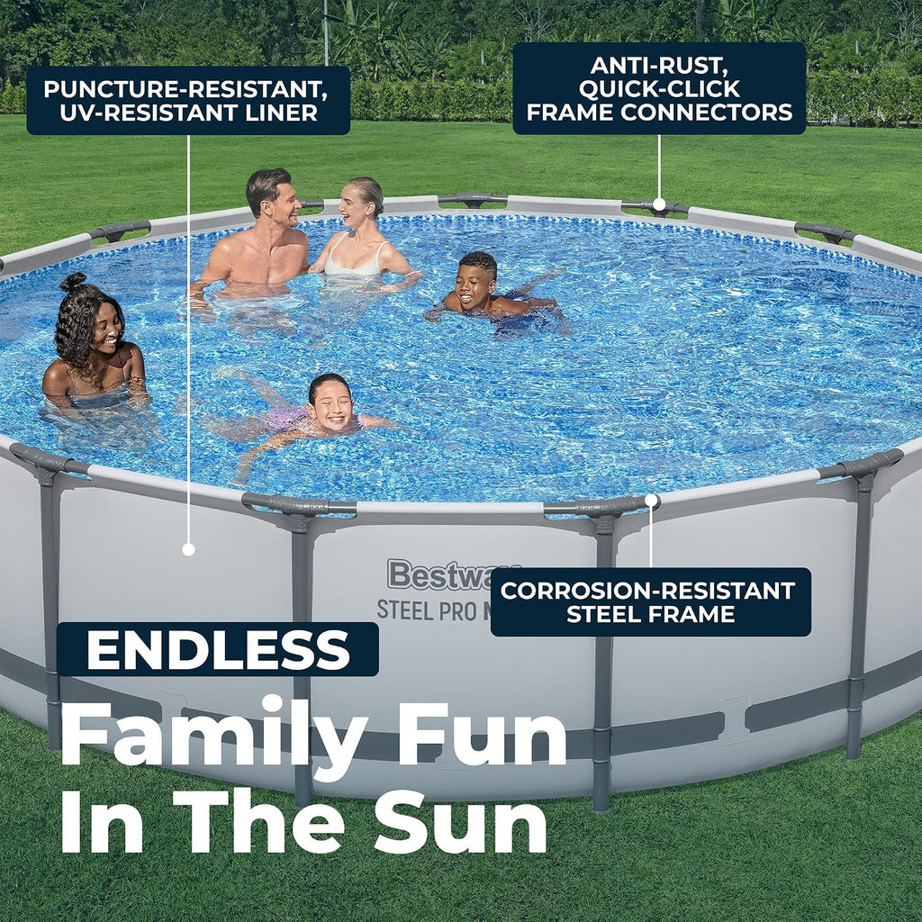 Bestway Steel Pro MAX 15' x 42' Above Ground Pool, Round Metal Frame Outdoor Swimming Pool Set with Filter Pump, Ladder, and Cover, Gray