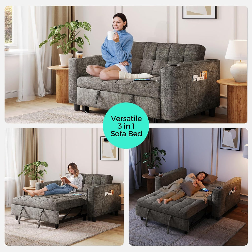 LINSY 3-in-1 Convertible Sofa Bed, 54' Pull Out Sleeper Sofa with Charging Station & Cup Holder, Small Folding Loveseat with Side Pocket for Small Space, Dark Gray