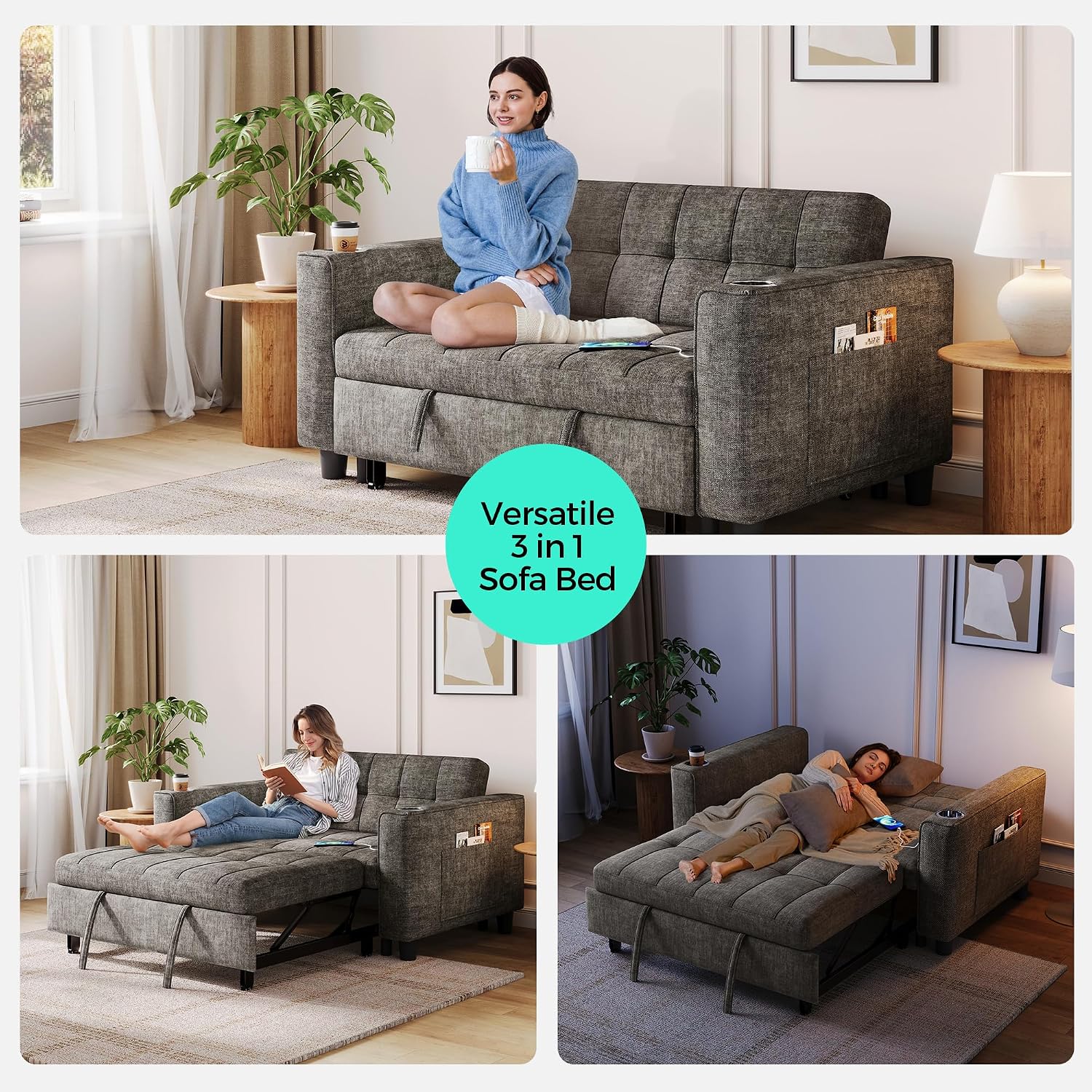 LINSY 3-in-1 Convertible Sofa Bed, 54' Pull Out Sleeper Sofa with Charging Station & Cup Holder, Small Folding Loveseat with Side Pocket for Small Space, Dark Gray