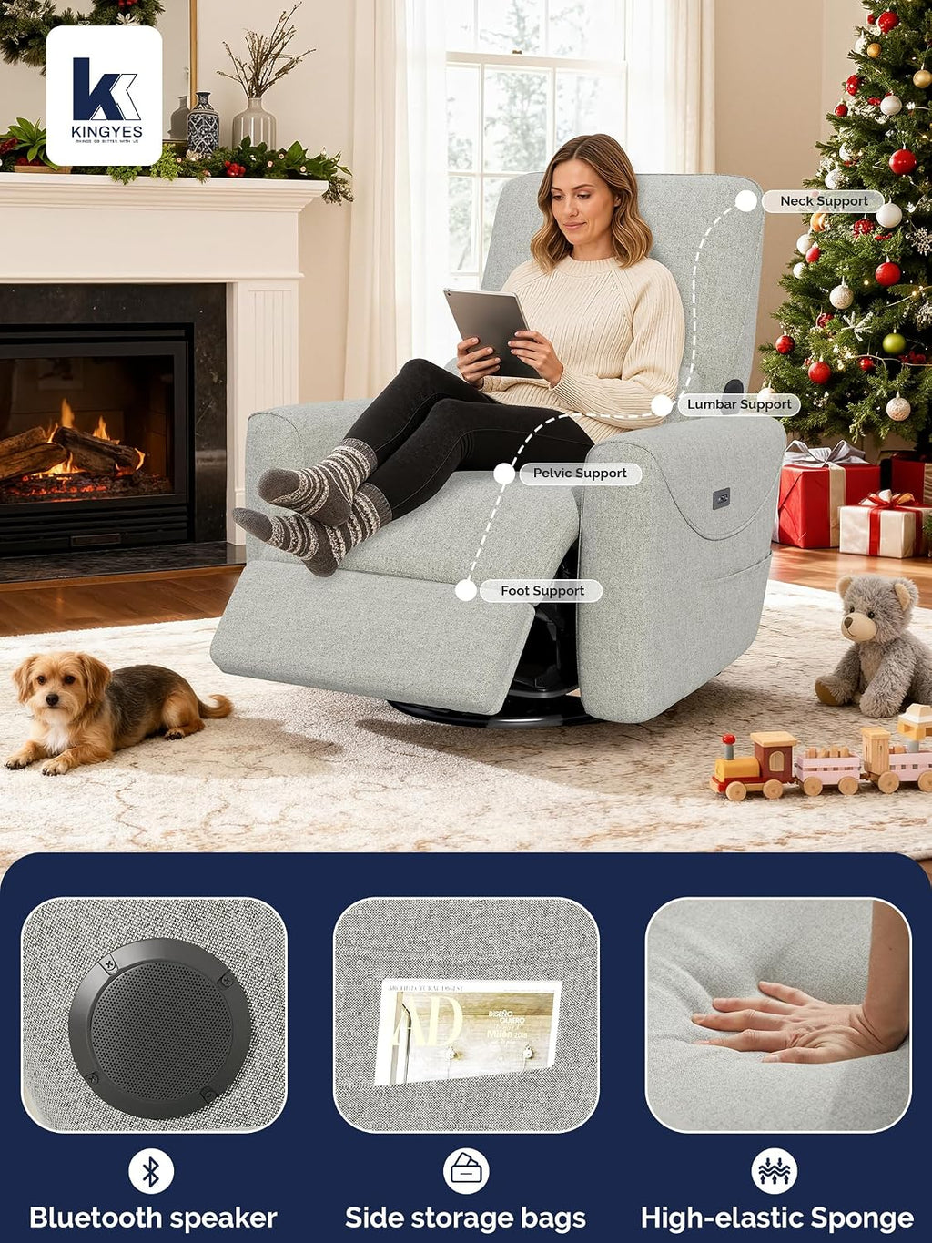KINGYES Power Recliner Chair, 270° Swivel Glider, Living Room Recliner with USB-C Port, Nursery Rocking Chair, Gray