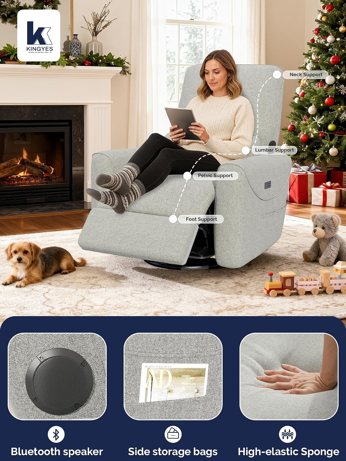 KINGYES Power Recliner Chair, 270° Swivel Glider, Living Room Recliner with USB-C Port, Nursery Rocking Chair, Gray
