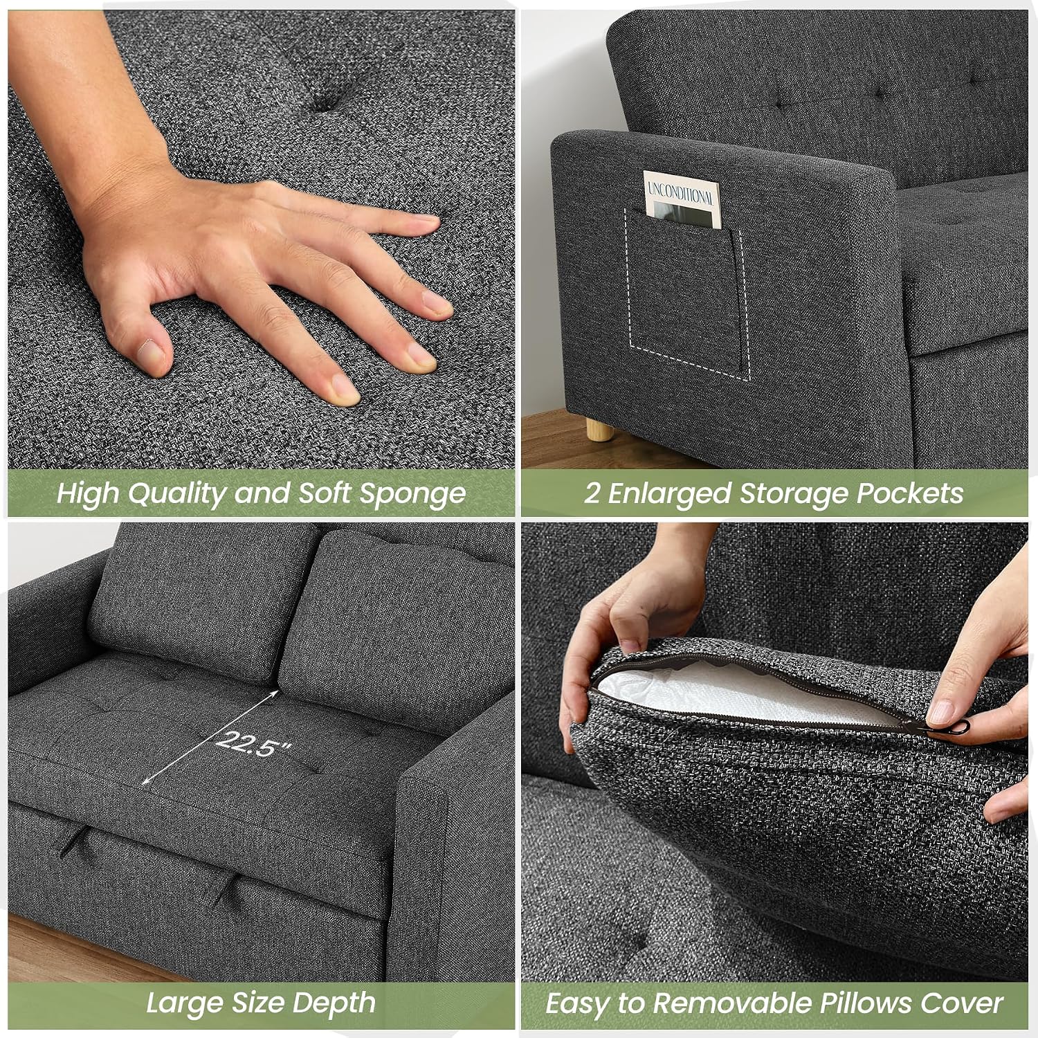 SEJOV Sleeper Sofa, 3-in-1 Convertible Pull Out Couch Bed Futon Sofa, Linen Fabric Loveseat with 2 Pillows and Adjustable Backrest, Chaise Lounge for Small Spaces Apartment Dorm, Office, Black