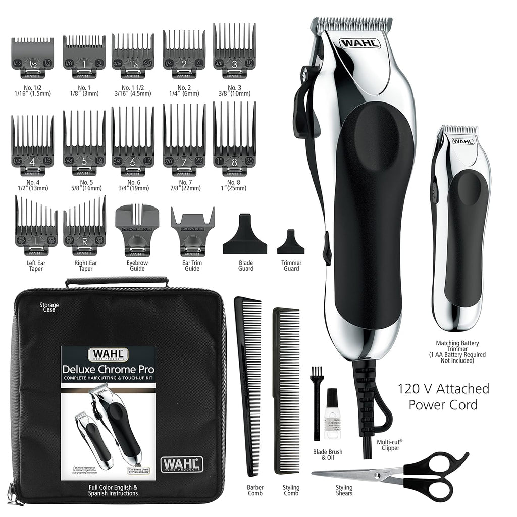 Wahl Clipper USA Deluxe Corded Chrome Pro,Complete Hair and Trimming Kit,Includes Corded Clipper,Cordless Battery Trimmer,and Styling Shears,for a Cut Every Time - Model 79524-5201M,(Pack of 5)