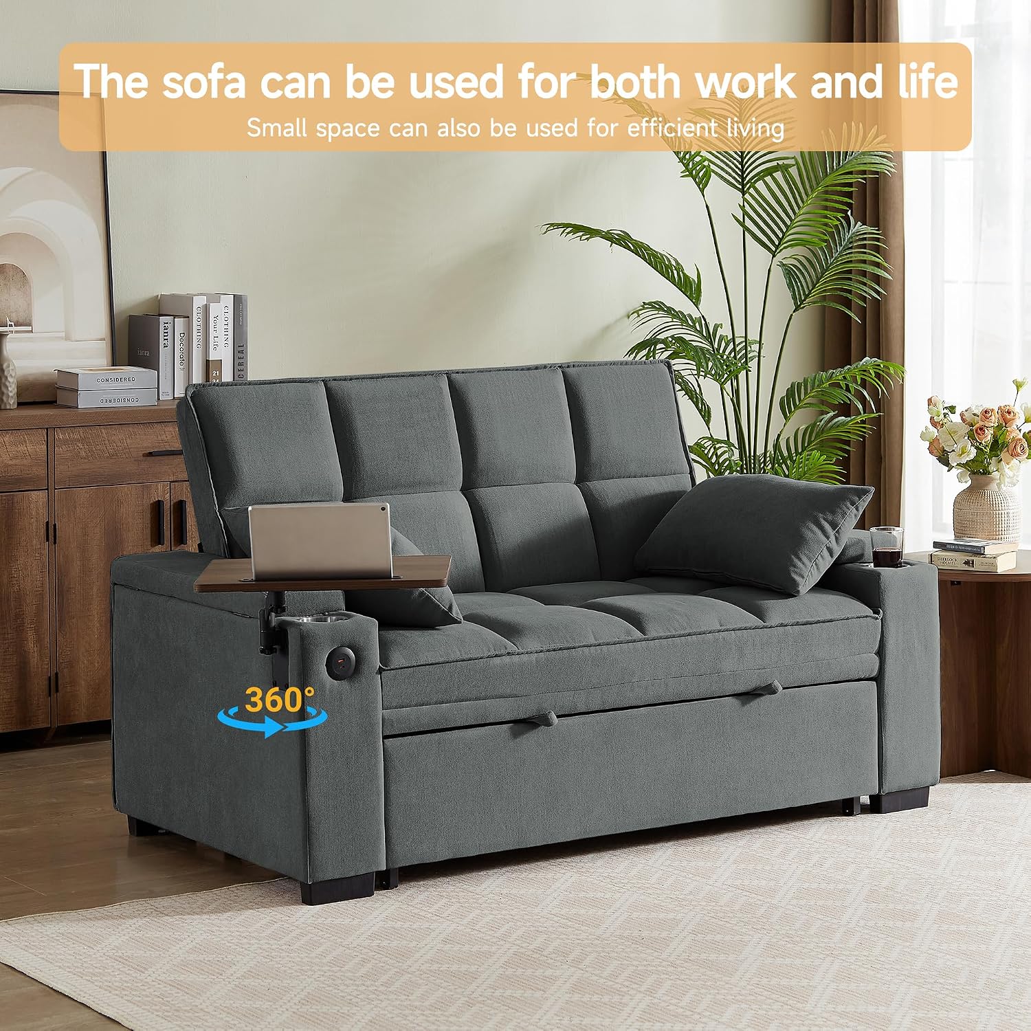 Auvsoce 65' Sleeper Sofa Bed Loveseat, Convertible Couch for Living Room, RV Sofa with Adjustable Backrest, Chaise Lounge, Side Table, USB & Type-C Ports
