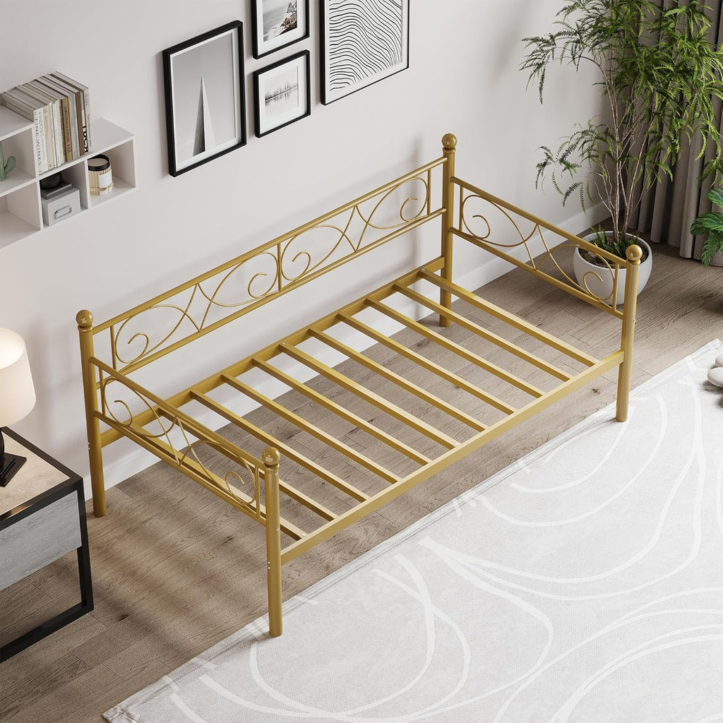 IDEALHOUSE Twin Size Daybed Frame, Metal Sofa Bed Frame, Heavy Duty Metal Slats, Day Bed for Living Room, Bedroom, Guest Room, Space Saving, Gold