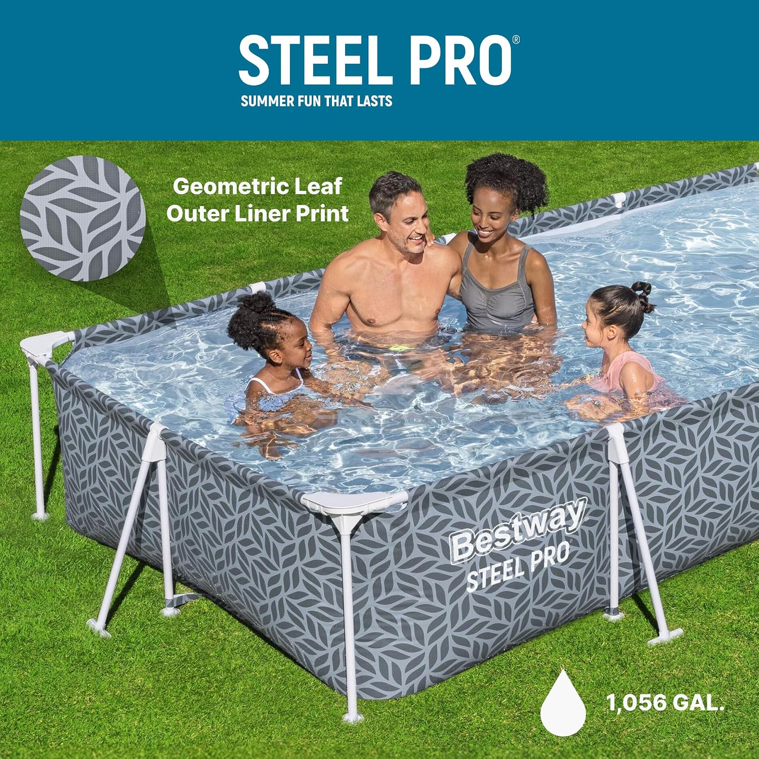 Bestway Steel Pro 12' x 6' 7' x 26' Rectangle Above Ground Outdoor Swimming Pool Set with DuraPlus Liner and FrameLink System, Gray