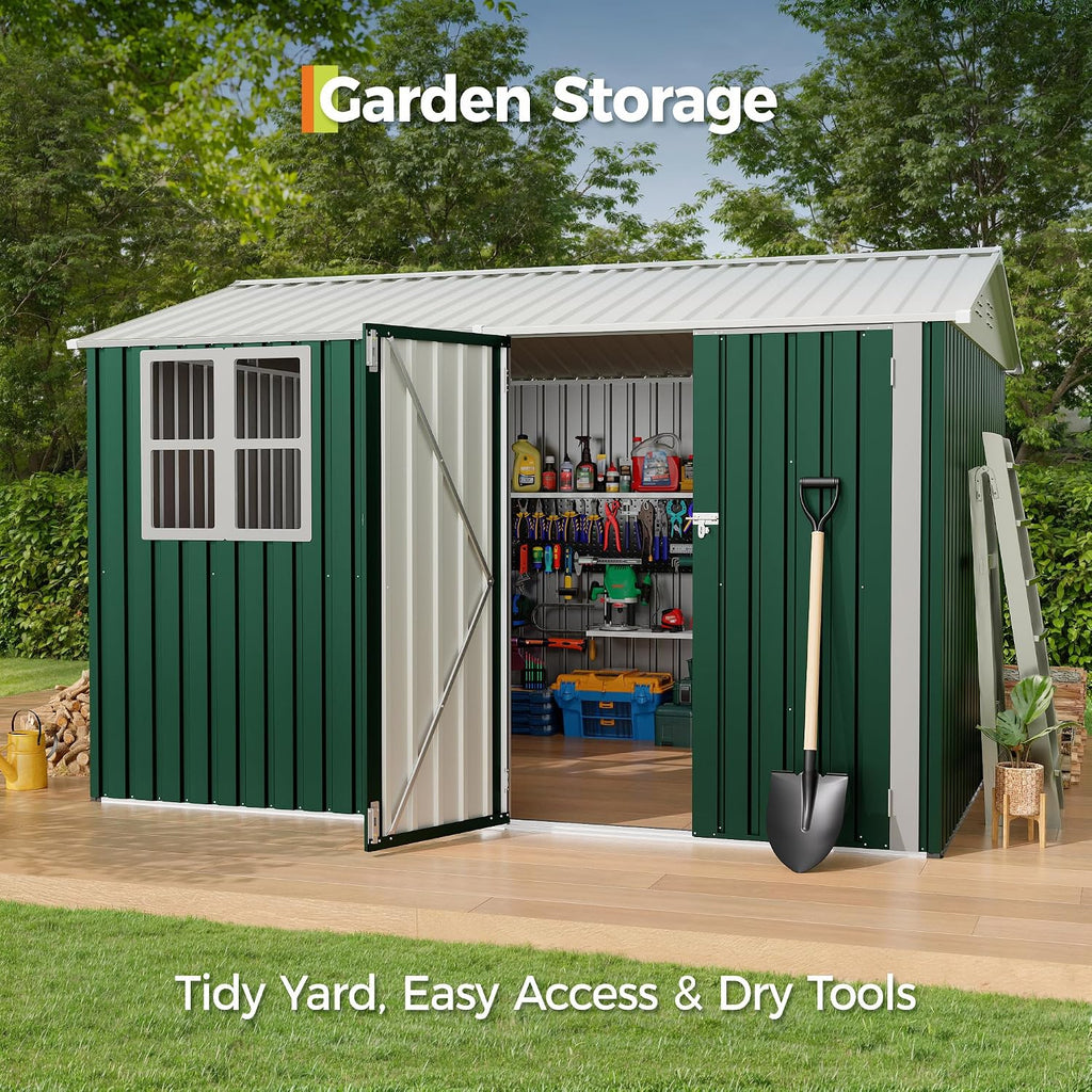 GarveeLife 8x10 FT Outdoor Storage Shed,450CU.T Metal Tool Shed with Clear Window, Lockable Doors,Large Garden Storage Box with Sloping Roof，Sheds&Outdoor Storage for Backyard Garden Patio Lawn, Green