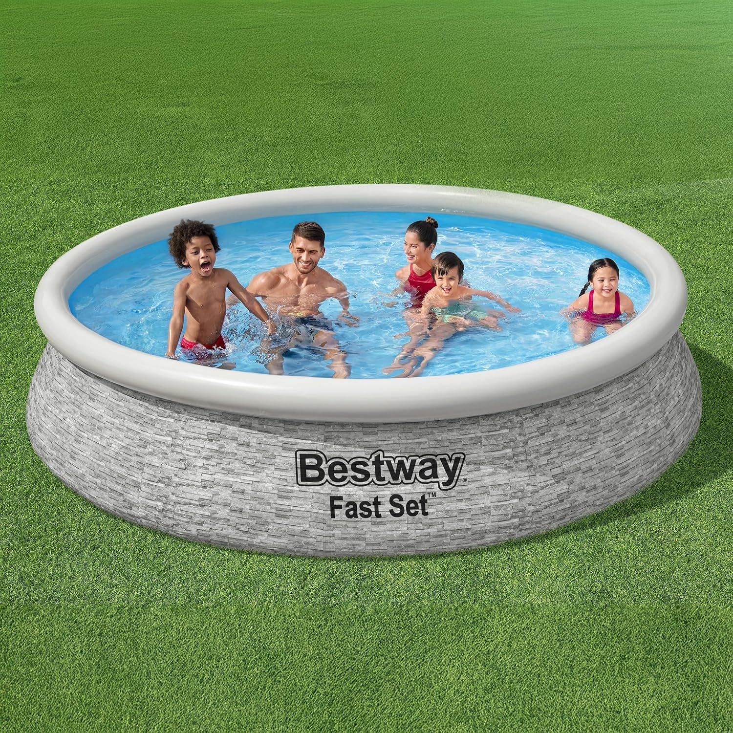 Bestway Fast Set 12' x 30' Round Inflatable Above Ground Swimming Pool Set, Stacked Stone Exterior Outdoor Family Pool with Filter Pump, Gray