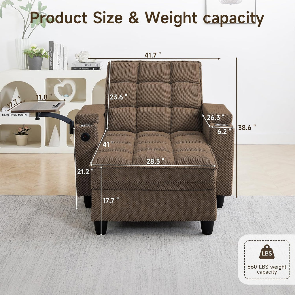 oaaktu Single Modern Comfy Upholstered Chaise Lounge Sofa Chair with Rotating Side Table,Storage,Pillow,USB Charging Ports and Adjustable Backrest Perfect for Living Room, Small Spaces (Coffee)
