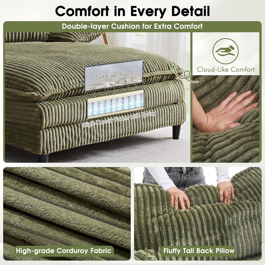 WESTSETLUX 54.8' W Oversized Chaise Lounge Chair Indoor with 5-Position Adjustable Backrest, Corduroy Sleeper Sofa Bed with 3 Pillows, Modern Cloud Couch Chair for Living Room, Bedroom, Green