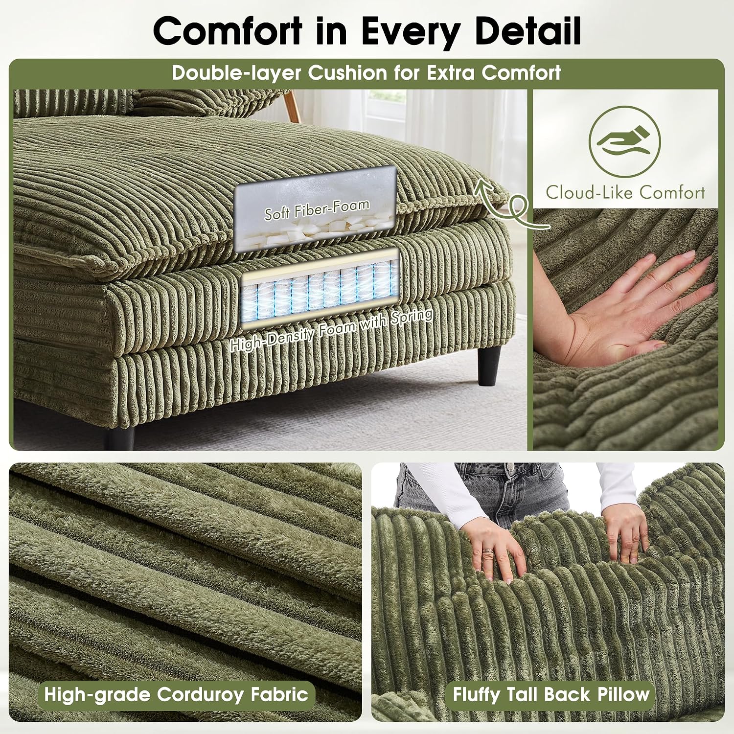 WESTSETLUX 54.8' W Oversized Chaise Lounge Chair Indoor with 5-Position Adjustable Backrest, Corduroy Sleeper Sofa Bed with 3 Pillows, Modern Cloud Couch Chair for Living Room, Bedroom, Green
