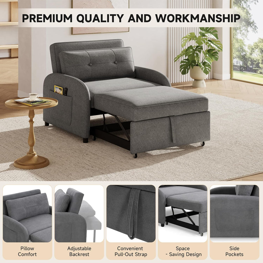 Merax 3-in-1 Convertible Sleeper Sofa Bed, Loveseat to Bed with Pullout Design, Soft Cotton Linen Fabric, Includes Pillow & Side Pockets for Small Spaces, Apartment, Living Room, Grey