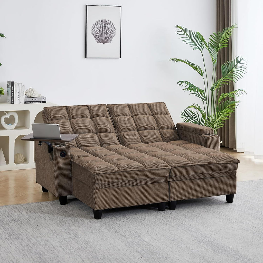 70.9' Chaise Lounge Chair Indoor, Oversized Boucle Upholstered Sofa Bed, Adjustable Backrest Deep Seat Reading Chair, Sofas Couches for Living Room with Storage, Cup Holders & 360° Swivel Side Table