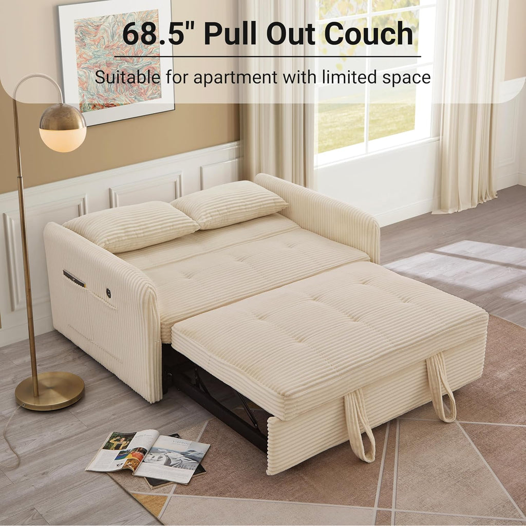 55.5' Corduroy Convertible Sofa Bed, Pull Out Sleeper Sofa Bed, Loveseat Couch with USB Charging Ports, 3 in 1 Convertible Sleeper Sofa Bed for Living Room, Apartment, Bedroom, RV, Beige