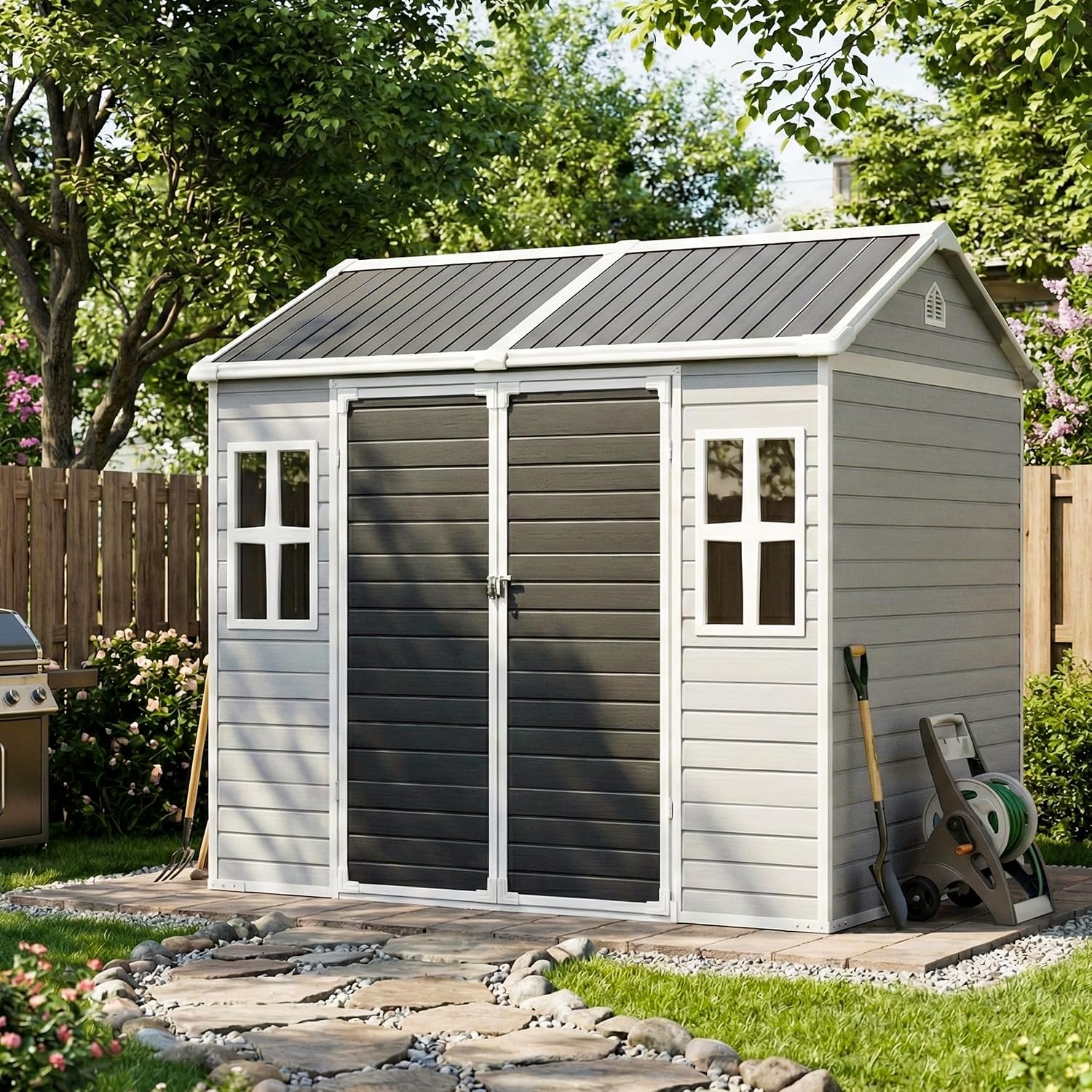 Restland 8x6 FT Resin Storage Shed with Floor Large Outdoor Shed Waterproof Plastic Garden Sheds for Patio, Backyard, Lawn