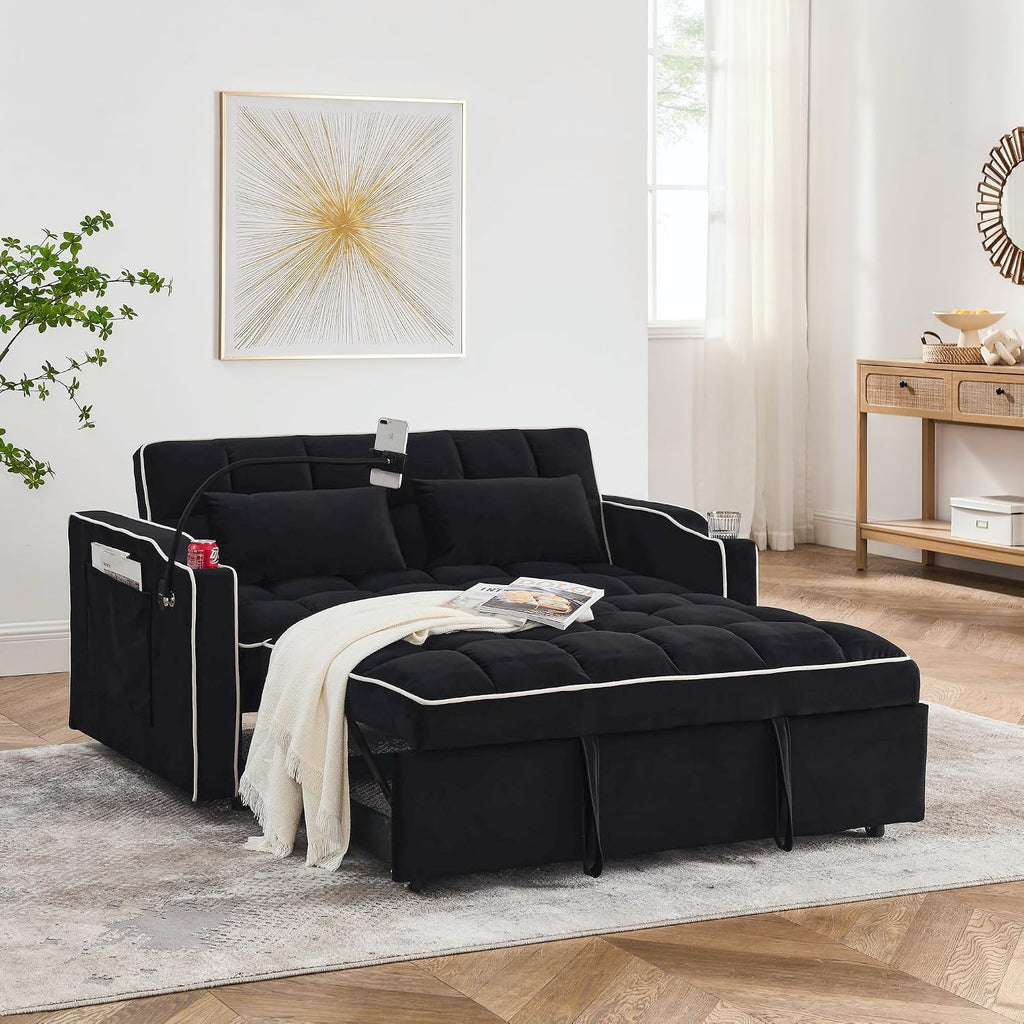 Merax Black Foldable Sofa Bed with 2 USB Charging Ports, Pull Out Velvet Loveseat Sleeper with Phone Holder, Modern Futon Couch with Cup Holders & Adjustable Backrest for Living Room