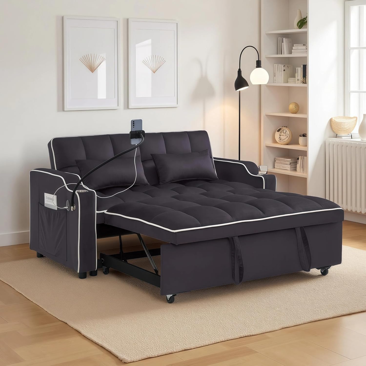 Convertible Sofa Bed, 3 in 1 Futon Sofa Bed with USB Charging Ports, Cup Holder, Phone Stand & Pocket, Modern Upholstered Sleeper Sofa for Living Room, Apartment or Small Space (Grey-L)