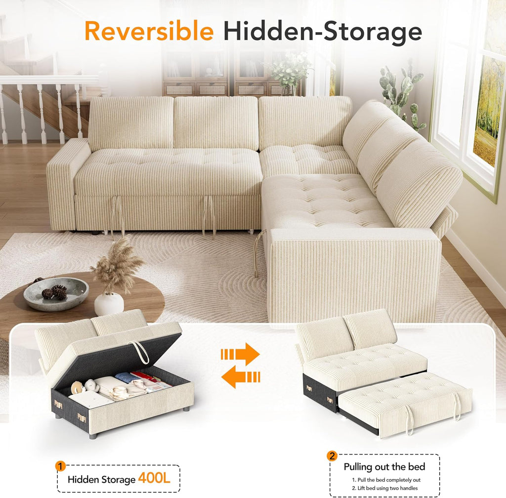Vipbear Pull Out Sofa Bed Sectional Sleeper Sofa with Reclining Backrest & Storage, Plush Pullout Modular Sectional Couches with USB Charging, L Shaped Convertible Couch Bed for Apartment, Beige | Breathable material, Tool-Free Assembly