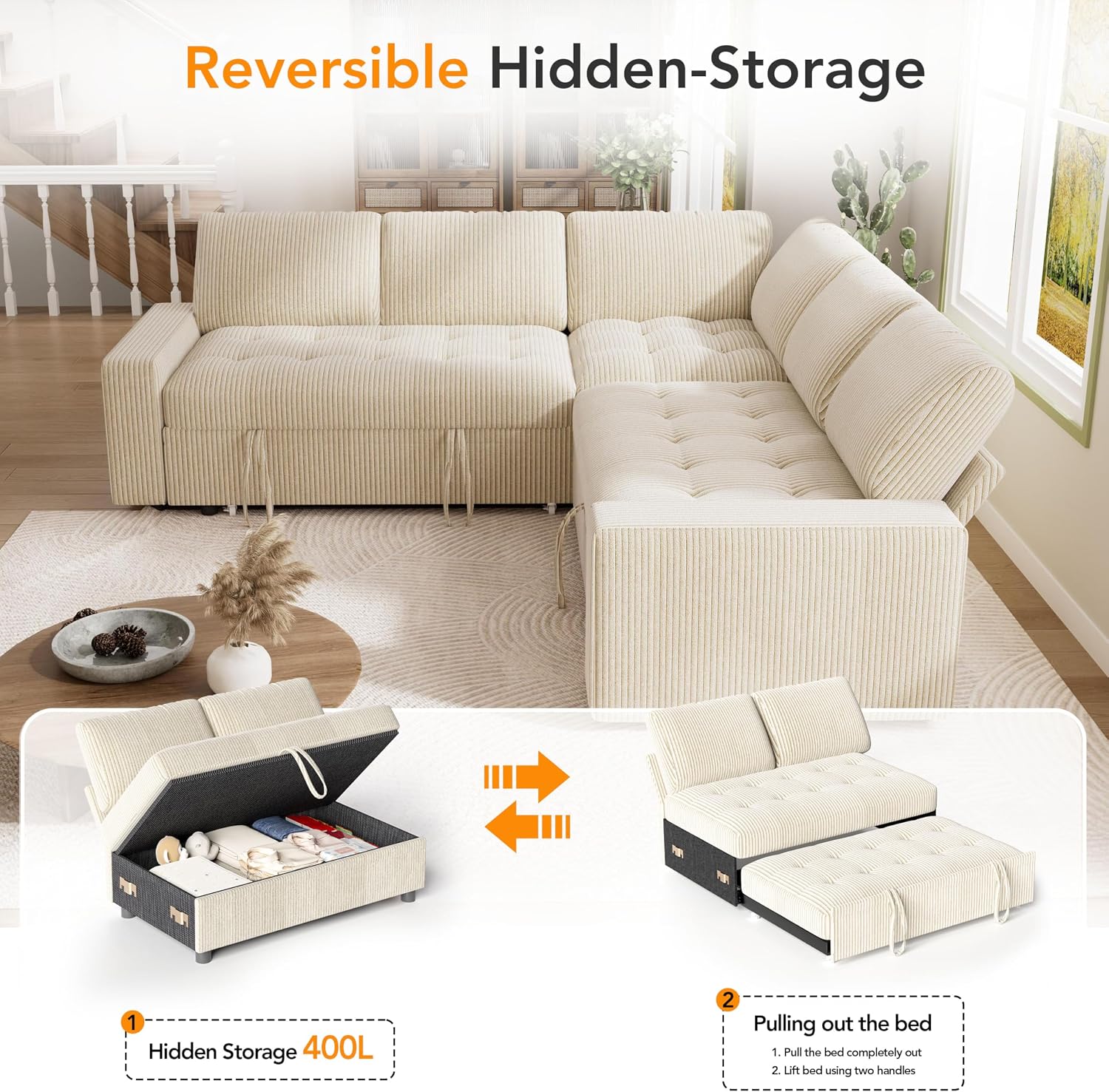 Vipbear Pull Out Sofa Bed Sectional Sleeper Sofa with Reclining Backrest & Storage, Plush Pullout Modular Sectional Couches with USB Charging, L Shaped Convertible Couch Bed for Apartment, Beige | Breathable material, Tool-Free Assembly