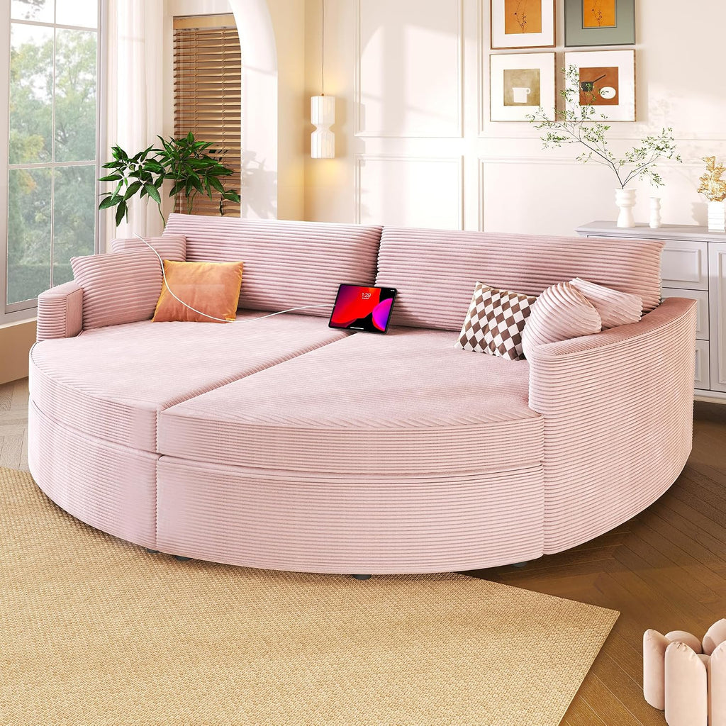 Merax 102.3' Oversized Double Chaise Lounge Indoor, Comfy Corduroy Upholstered Loveseat Sleeper Sofa Bed, Deep Seat Cloud Couch with USB Ports and Throw Pillows for Living Room, Pink