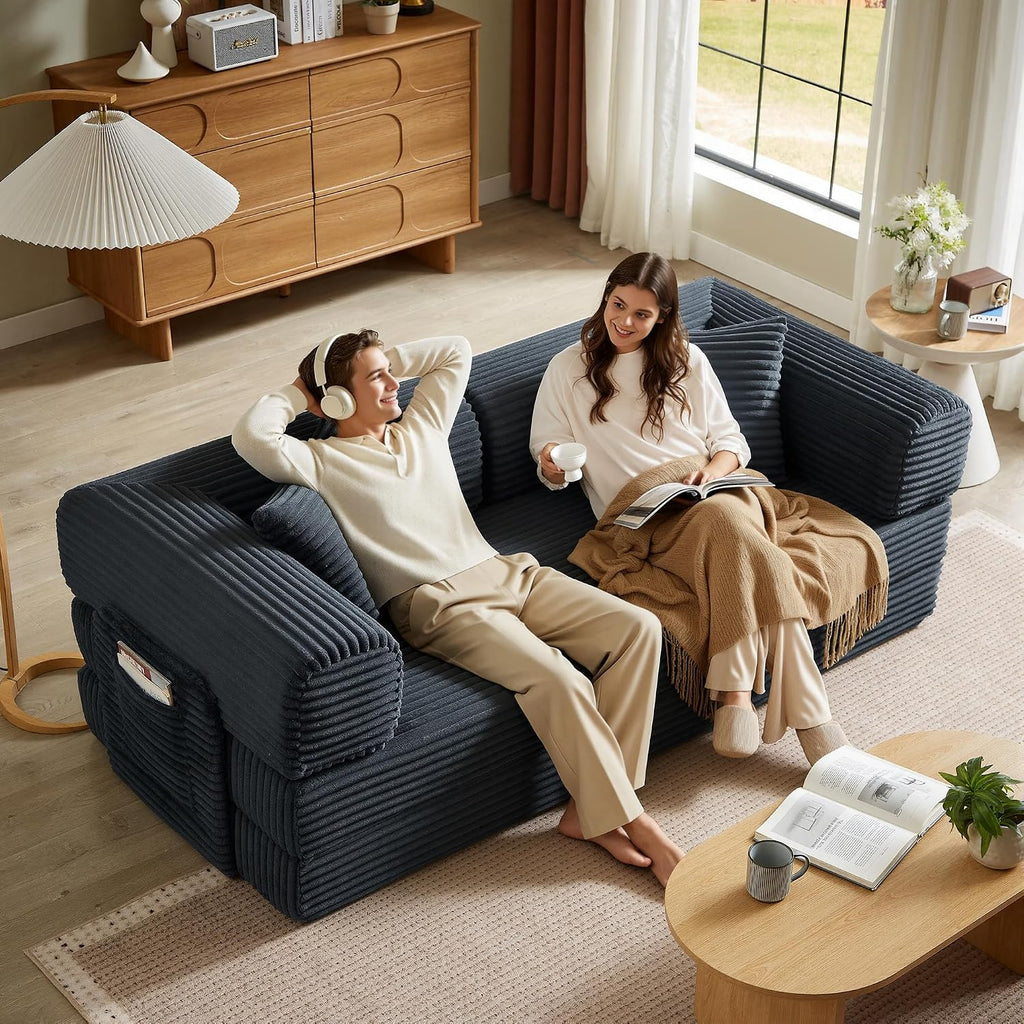 Boneless Couch Futon Sofa Bed Sectional Couches for Living Room,Cloud Couch with Sleeper Sofa,Sofas for Living Room Oversized Corduroy Upholstered (Gray, 81 Inches (with Iron Frame))