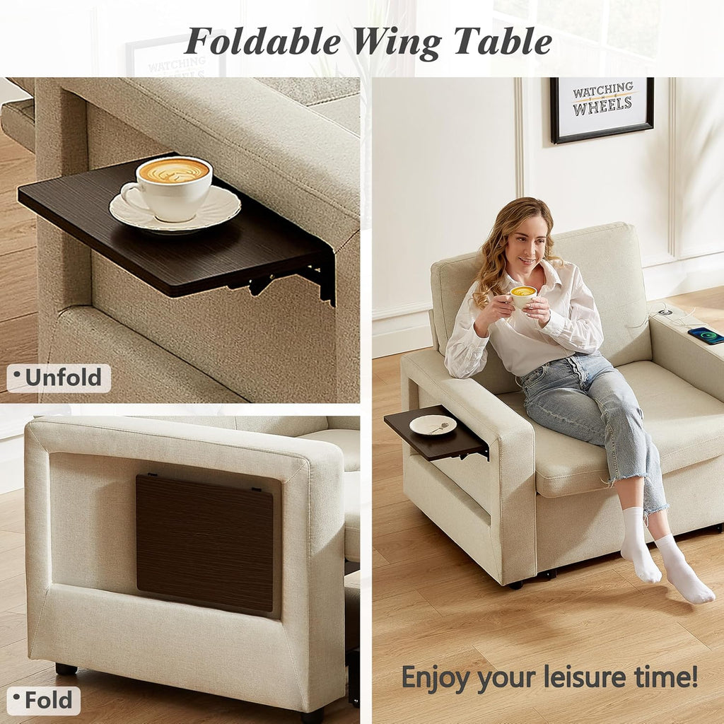 WEUP 42.5' Sleeper Chair Bed, 3-in-1 Convertible Reclining Sofa Chair with Pull Out Couch Bed, Adjustable Backrest, Side Pockets, Cup Holder, USB Ports & Wing Table, Premium Beige