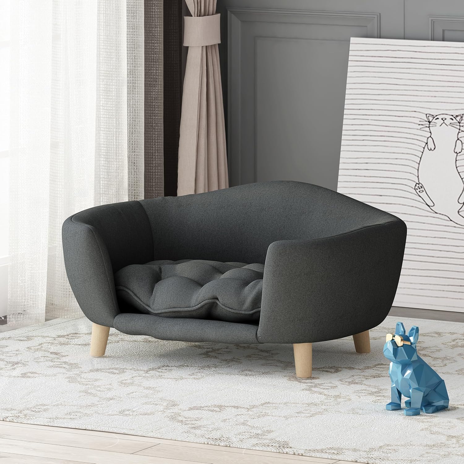 Christopher Knight Home Elroy Orthopedic Dog Bed, Elevated Dog Sofa Bed for Small Dog, Supportive Foam Pet Couch Bed with Wooden Legs, Modern Pet Sofa Bed, Dark Gray