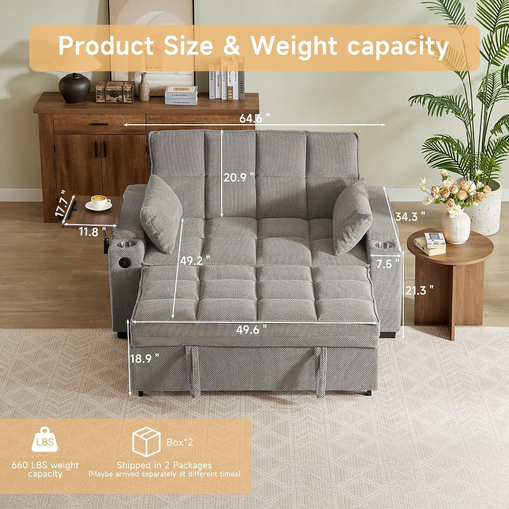 Auvsoce 65'' Chaise Lounge Chair Indoor, 3-in-1 Convertible Sofa Bed with Pull-Out Design, 360° Swivel Side Table, Modern Granular Velvet Couch Bed for Living Room, Small Space & Apartment-Friendly