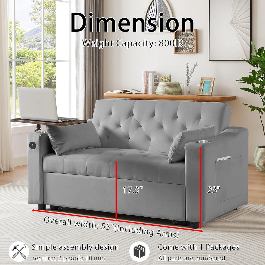 Auvsoce 53'' Convertible Sleeper Sofa Bed with Adjustable Backrest, Chaise Lounge, Side Table & Two Pillows – Stylish & Functional Addition to Any Living Room (Modern Grey)