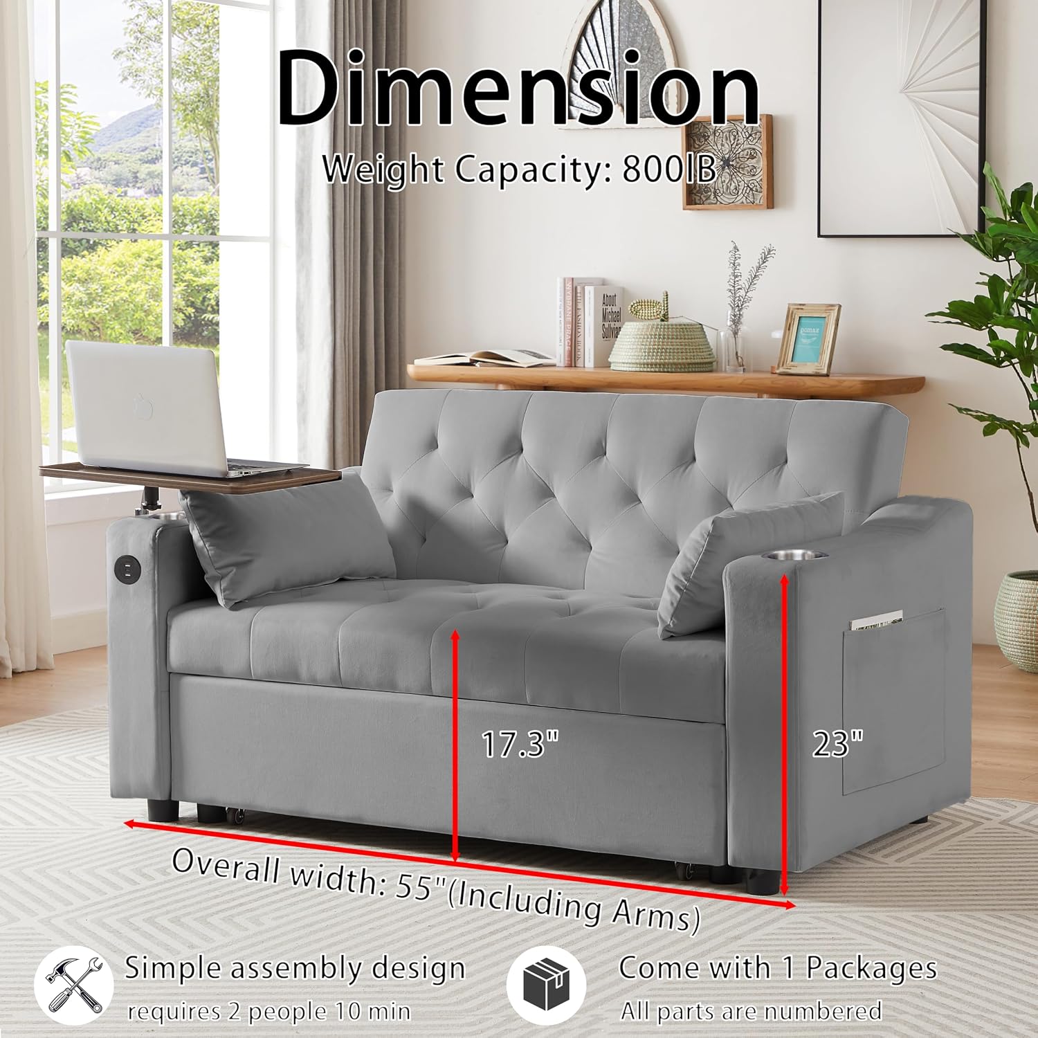 Auvsoce 53'' Convertible Sleeper Sofa Bed with Adjustable Backrest, Chaise Lounge, Side Table & Two Pillows – Stylish & Functional Addition to Any Living Room (Modern Grey)