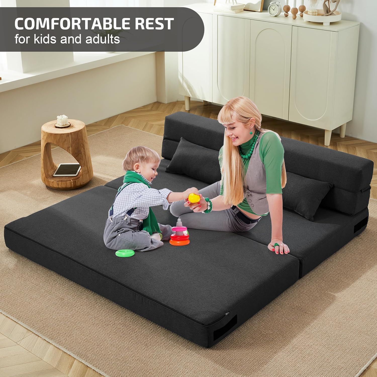 SUYOLS Convertible Folding Sofa Bed - Chair Bed Sleeper with Pillow, Modern Linen Fabric Fold Out & Futon Couch, Foldable Mattress for Living Room/Dorm/Guest Use/Home Office, Queen Size, Dark Gray