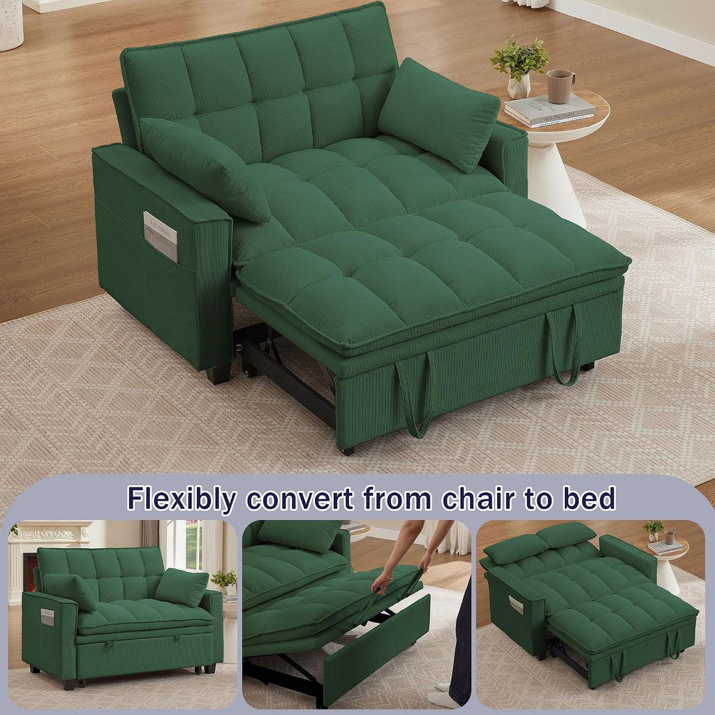 Sleeper Sofa with Pull Out Couch Bed, 48' Convertible Pull-Out Sofa Bed Chair, 3-in-1 Futon Couch with Reclining Backrest and Side Pockets for Living Room Bedroom Apartment, Green