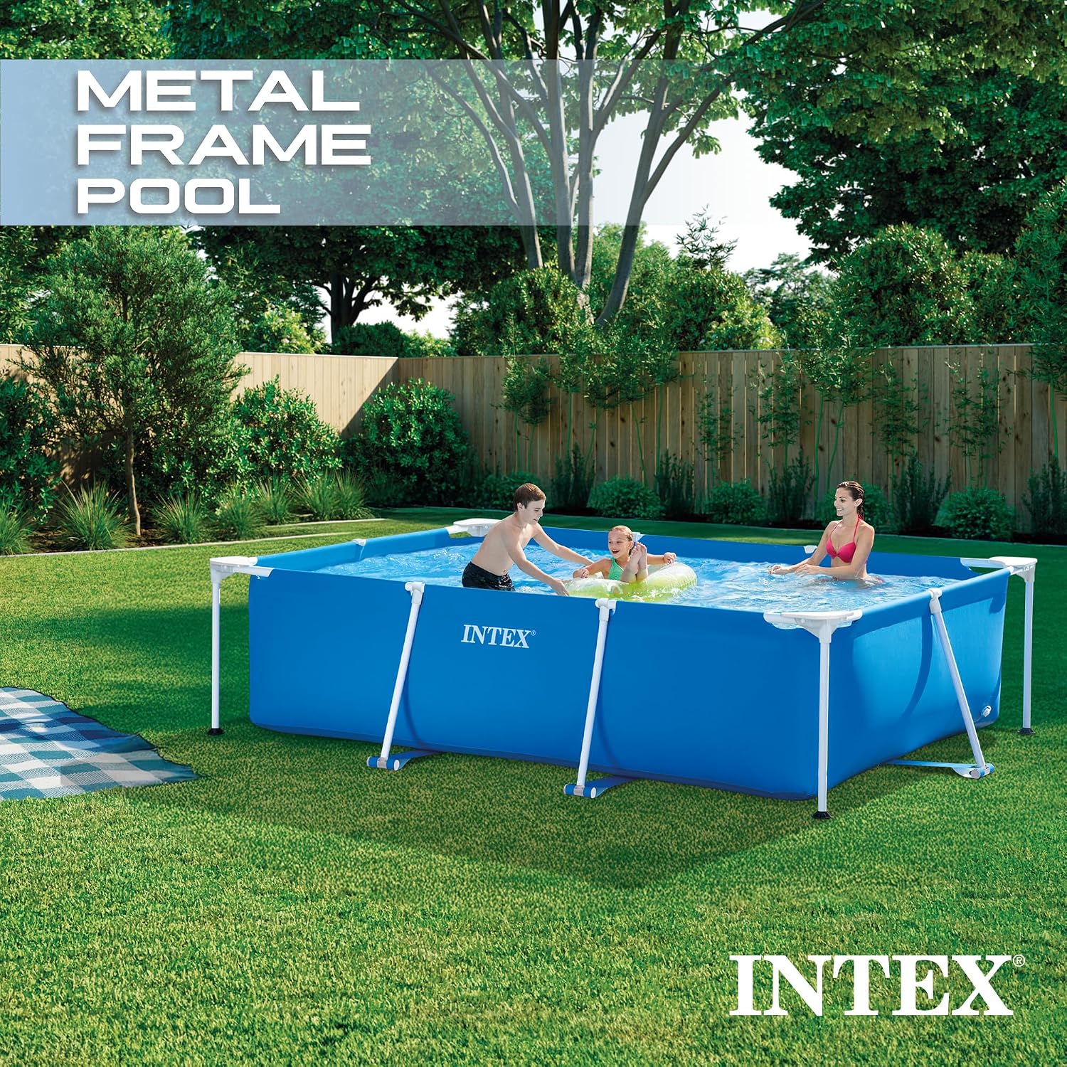 INTEX Rectangular Frame 9 ft 10 in x 6 ft 6.75 in x 29.5 in Above Ground Pool, Swimming Pool with Steel Frame, Pump Not Included