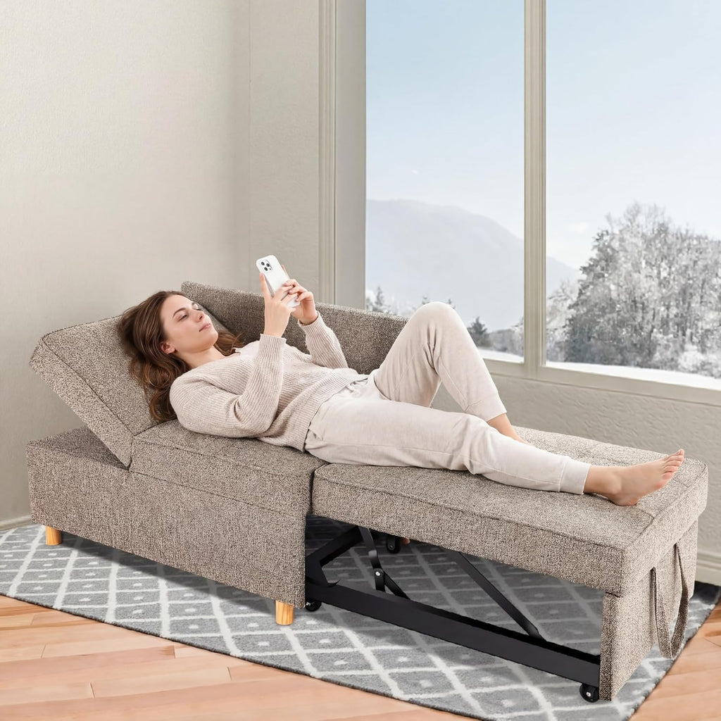 SEJOV Sofa Bed Chair 4-in-1 Convertible Chair Bed, 3-Seat Linen Fabric loveseat Sofa with 2 Throw Pillow, Single Recliner for Small Space with 5 Adjustable Backrest, Brown Grey