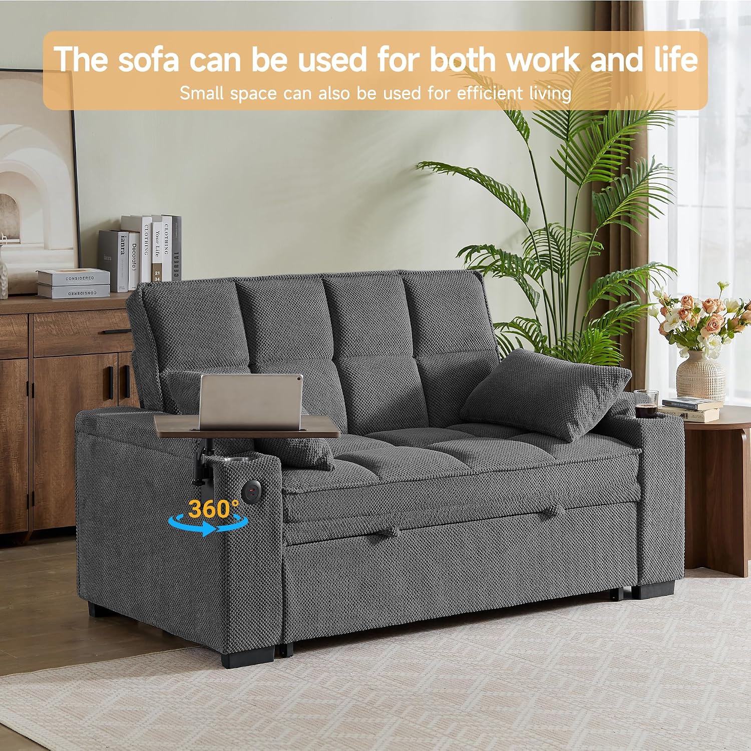 Auvsoce 65'' Chaise Lounge Chair Indoor, 3-in-1 Convertible Sofa Bed with Pull-Out Design, 360° Swivel Side Table, Modern Granular Velvet Couch Bed for Living Room, Small Space & Apartment-Friendly
