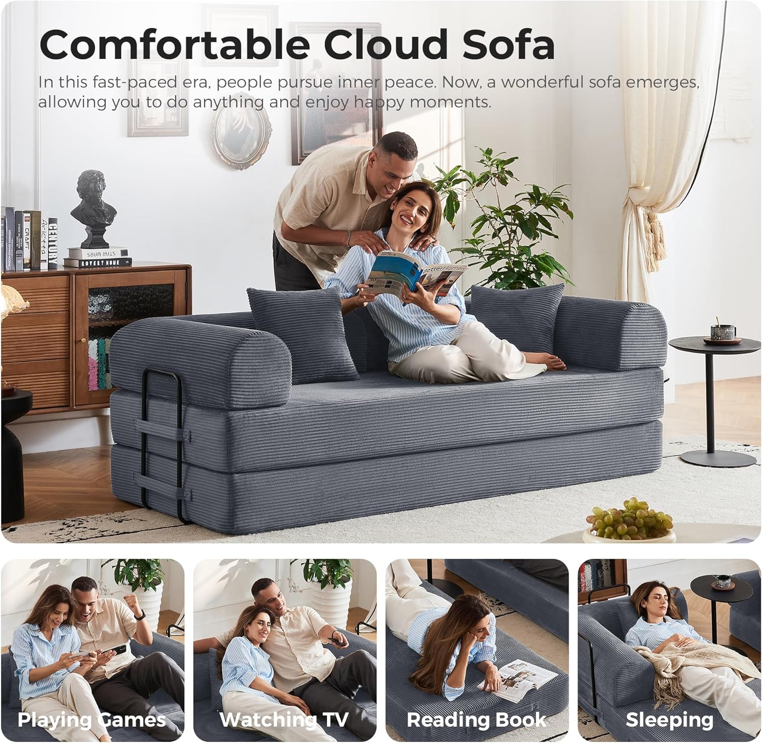 79' 5-in-1 Convertible Sleeper Sofa, No Assembly Fixed Frame Corduroy Couch, High-Density Foam Fold Out Bed for Small Spaces, Living Room, Dorm (Dark Gray)