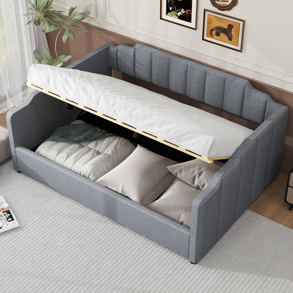Merax Full Size Upholstered Daybed, Sofa Bed Frame with Underneath Storage, Space-Saving Corner Day Bed for Living Room Bedroom & Guest Room, No Box Spring Needed, Grey