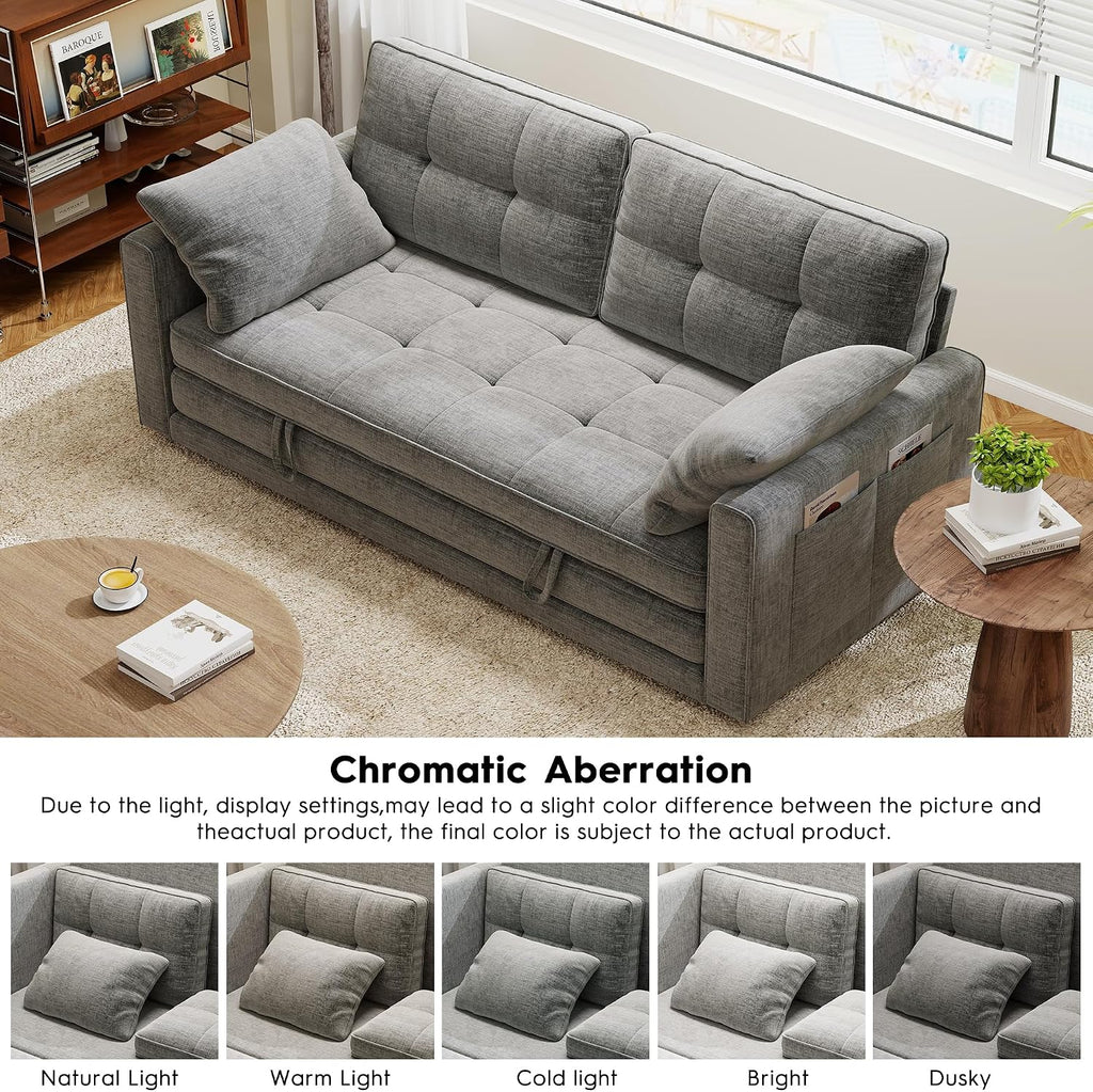 Urhanherry 65' Convertible Folding Sofa Bed, Pull Out Couch Love Seat Sleeper Bed, Small Fold Out Loveseat Sleeper with Removable Arm Pillow for Small Space, Bedroom Lounge, Office, Living Room(Grey)