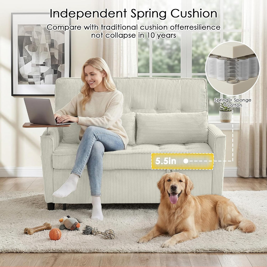 Sleeper Sofa Bed, 54'' Convertible Pull Out Couch with Small Table| USB Port | Stand Table | Corduroy Fabric | Adjustable Backrest for Apartment, Office, Bedroom, Guest Room (Beige)