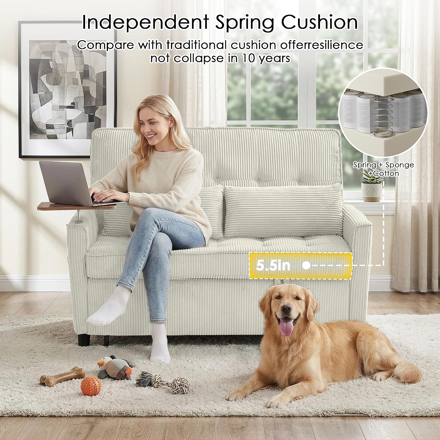 Sleeper Sofa Bed, 54'' Convertible Pull Out Couch with Small Table| USB Port | Stand Table | Corduroy Fabric | Adjustable Backrest for Apartment, Office, Bedroom, Guest Room (Beige)