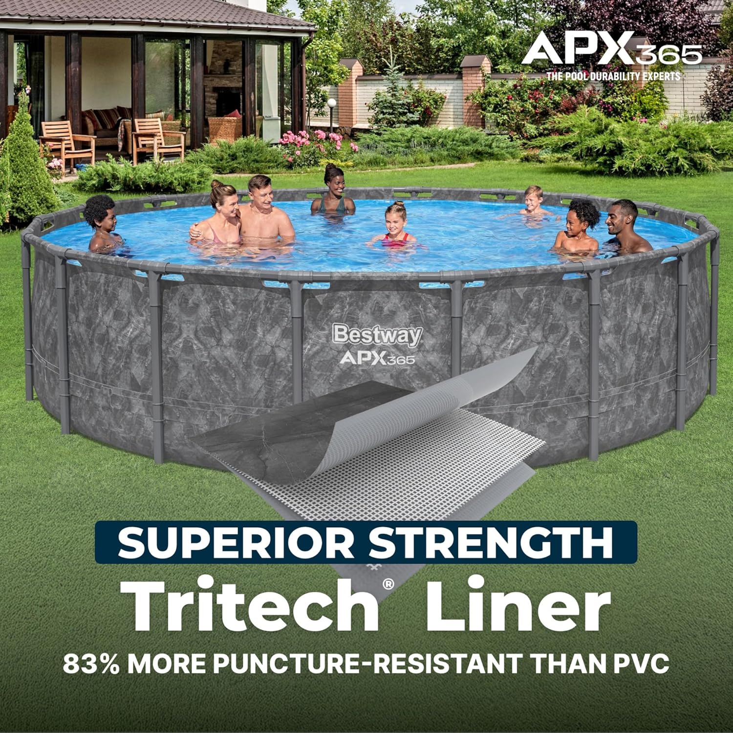 Bestway APX 365 18' x 52' Above Ground Pool, Round Metal Frame Outdoor Swimming Pool Set with Sand Filter Pump, Ladder, and Cover, Dark Marble