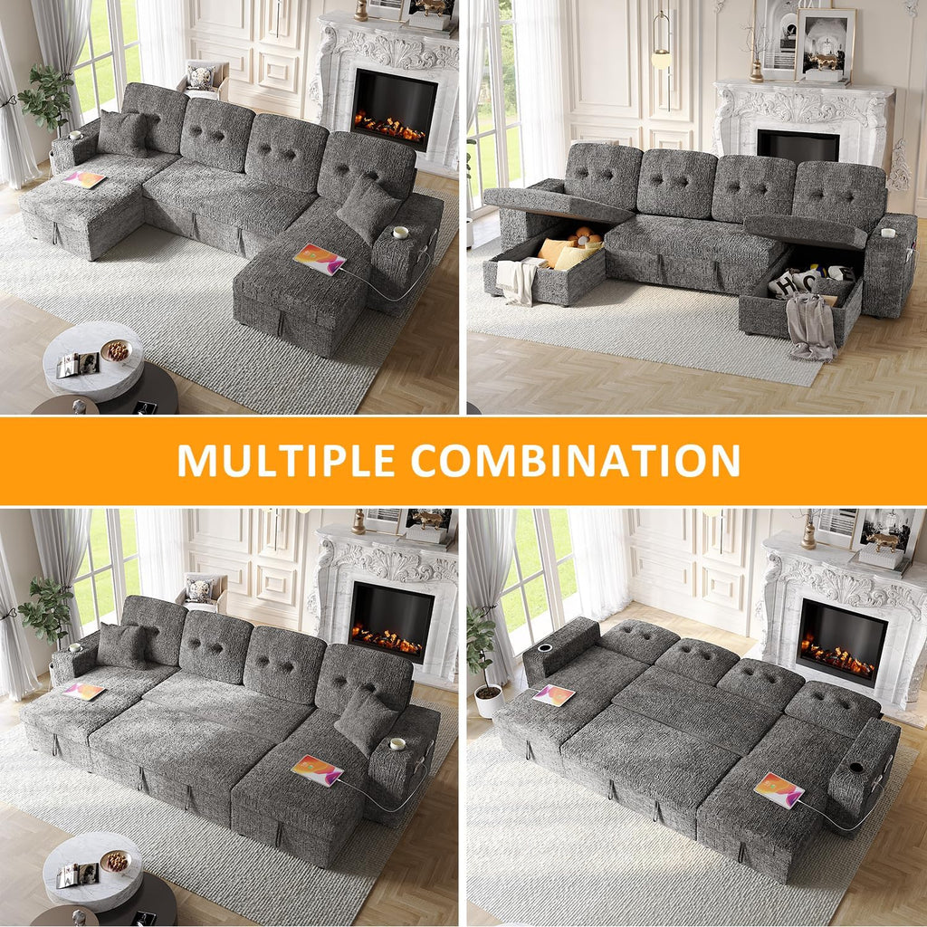 117' Sleeper Sofa Bed, U-Shaped Sofa with Dual Reversible Storage Chaise | Adjustable Backrest | Wide Armrest, Sectional Couches for Living Room, 4 in 1 Pull Out Couch Bed, Grey Chenille