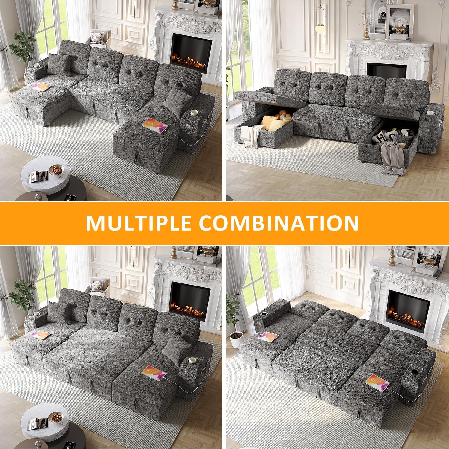 117' Sleeper Sofa Bed, U-Shaped Sofa with Dual Reversible Storage Chaise | Adjustable Backrest | Wide Armrest, Sectional Couches for Living Room, 4 in 1 Pull Out Couch Bed, Grey Chenille