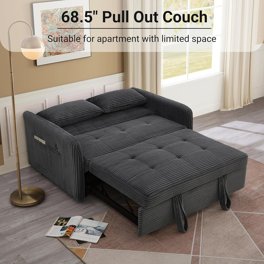 55.5' Corduroy Convertible Sofa Bed, Pull Out Sleeper Sofa Bed, Loveseat Couch with USB Charging Ports, 3 in 1 Convertible Sleeper Sofa Bed for Living Room, Apartment, Bedroom, RV, Grey
